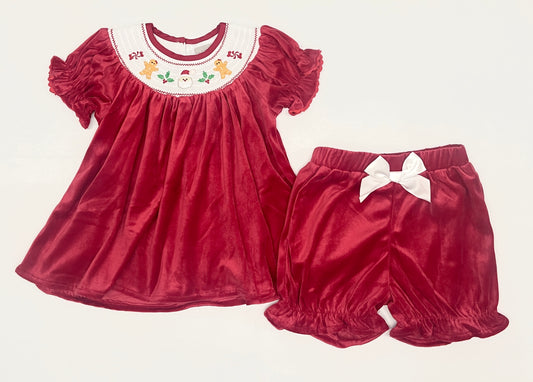LiL Cactus Red Velvet Christmas Smocked Dress and Bloomers Set