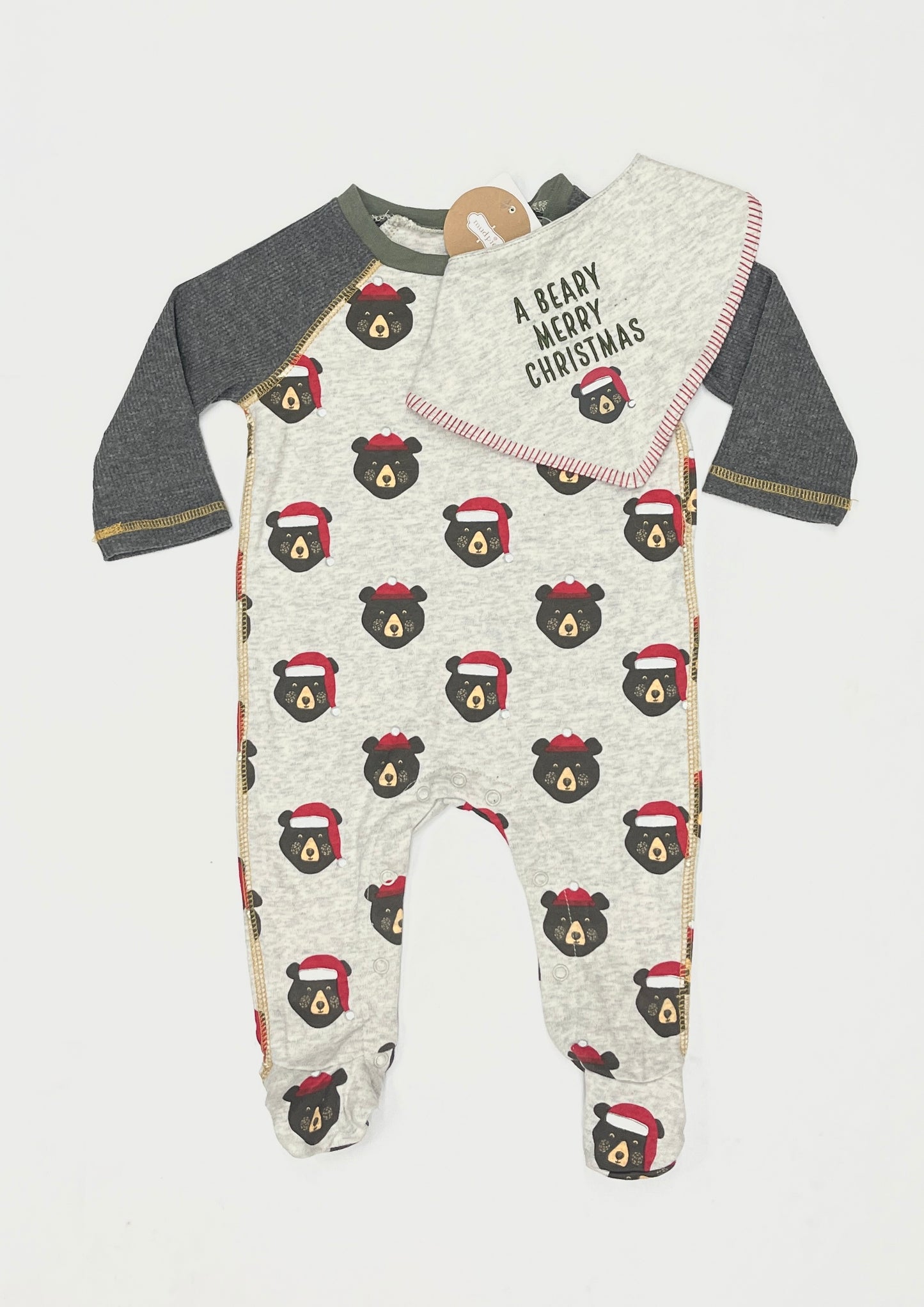 Mudpie Santa Bear Footed Sleeper and Bib Set