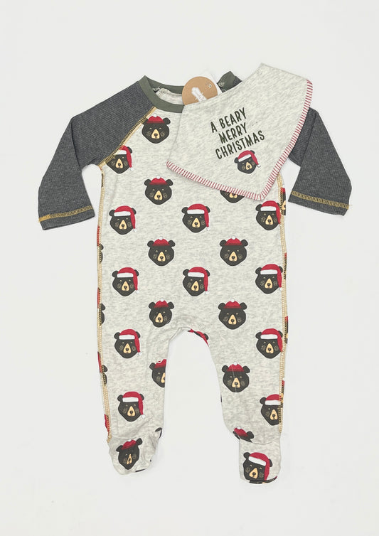 Mudpie Santa Bear Footed Sleeper and Bib Set