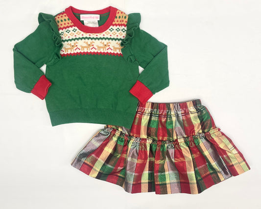 Bonnie Baby Christmas Sweatshirt and Plaid Skirt Set